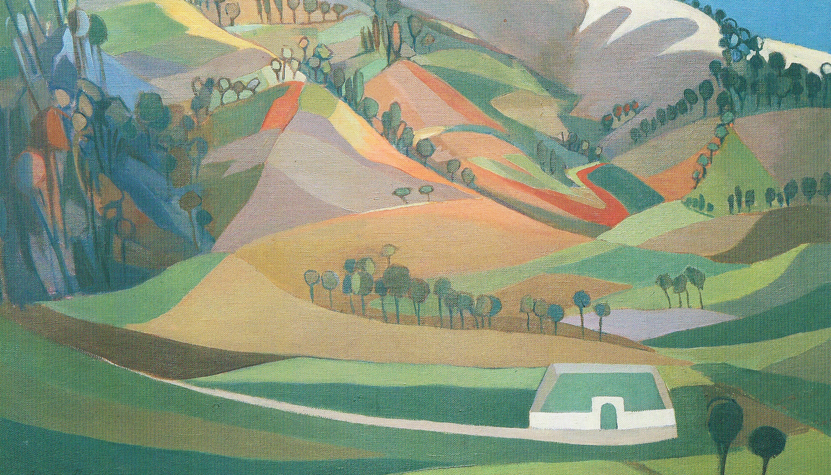 Pintura de paisaje del campo y montañas