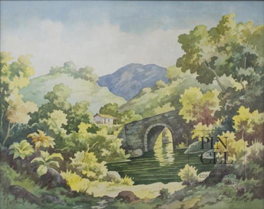 Sin título. Puente, lago y casa por Pacheco, Fausto